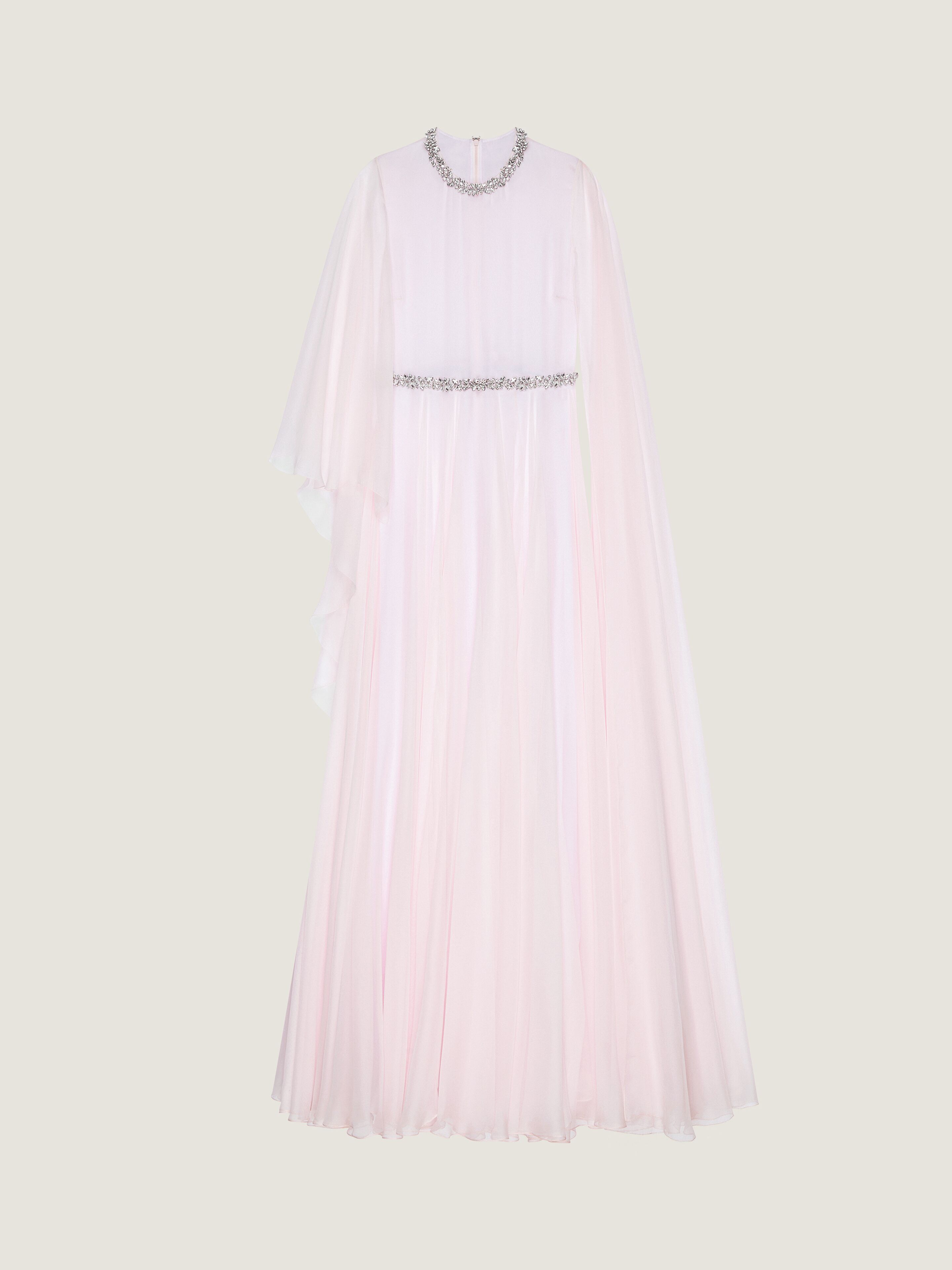 Draped evening dress in chiffon with crystals and cape